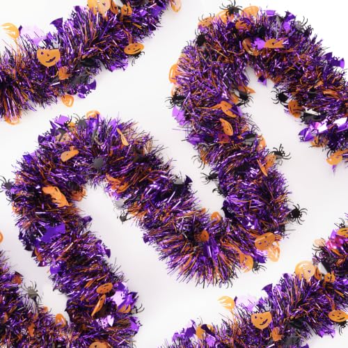 Halloween Metallic Tinsel Garland with Pumpkin & Bat Accents, 33 FT