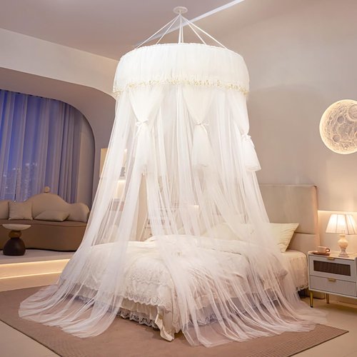 Mengersi Bed Canopy for Girls,Canopy Bed Curtains Double Layer Sheer Mesh Round Lace Princess Mosquito Net for Twin Full Queen King Bed Bedroom Decoration (White)