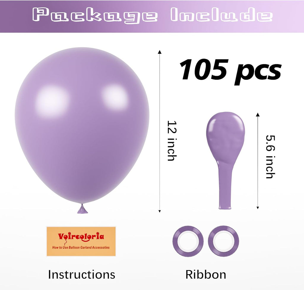 Voircoloria 105pcs Lilac Purple Balloons - 12 Inch Latex Party Balloons for Birthdays & Celebrations