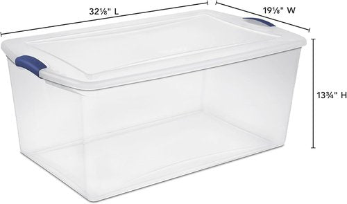 105 Qt. Plastic Storage Bin - Durable Lid, Stackable Clear Tote with Blue Buckles for Easy Organization