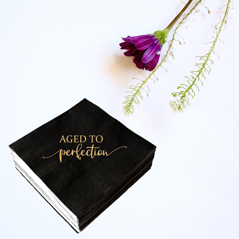 Aged to Perfection Birthday Party Disposable Paper Napkins 3-ply Gold Foil and Black Beverage Napkins for Happy Birthday Party Decorations Retirement Cocktail Napkins