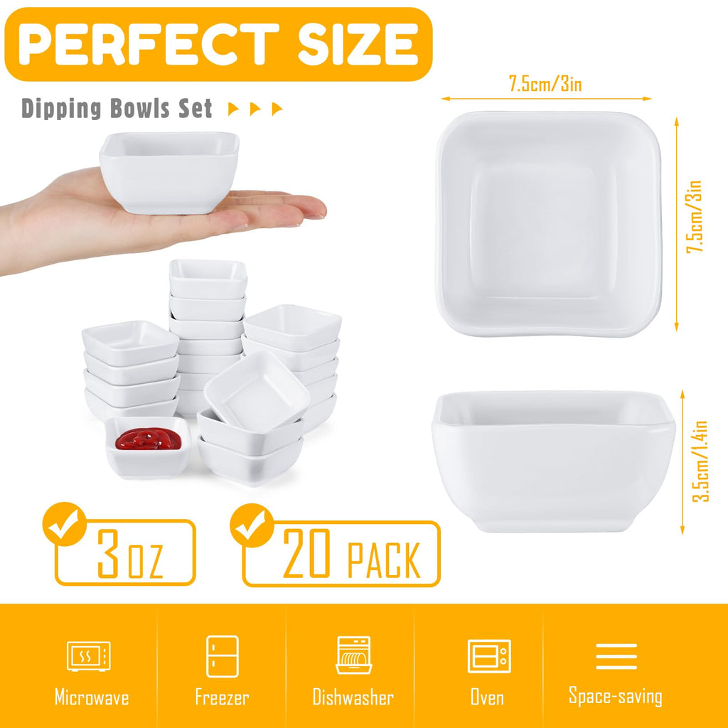 Tanlade 20 Pcs 3 oz Dipping Sauce Bowls Soy Dishes White Ceramic Dip Bowls Set Porcelain Dip Mini Square Dipping Cup for Tomato Sauce BBQ Ketchup Sushi and Other Party Supply Dinner