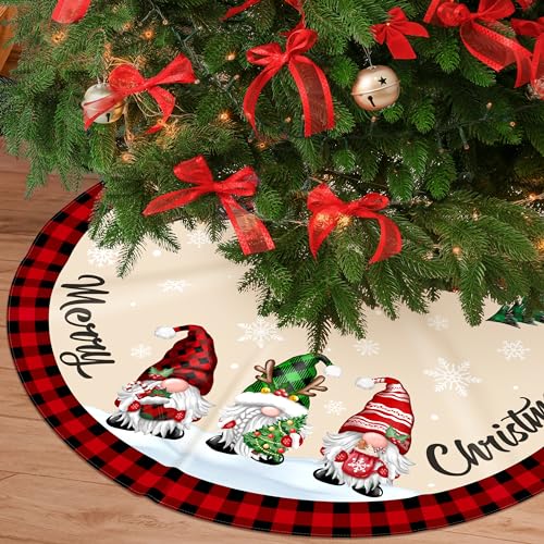 48-Inch Buffalo Plaid Christmas Tree Skirt with Gnome Decorations