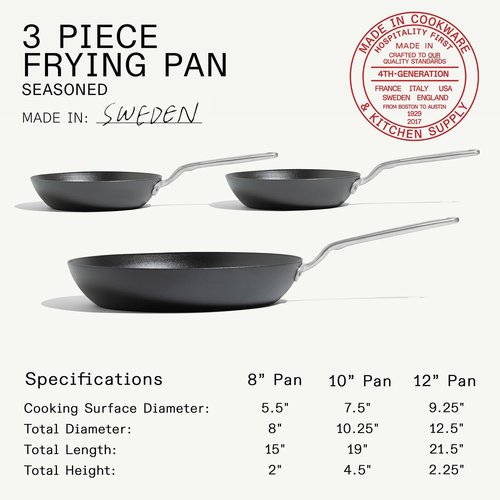 Made In Cookware | 3-Piece Seasoned Blue Carbon Steel Frying Pan Set (8", 10", 12") - Induction Compatible, Professional Quality