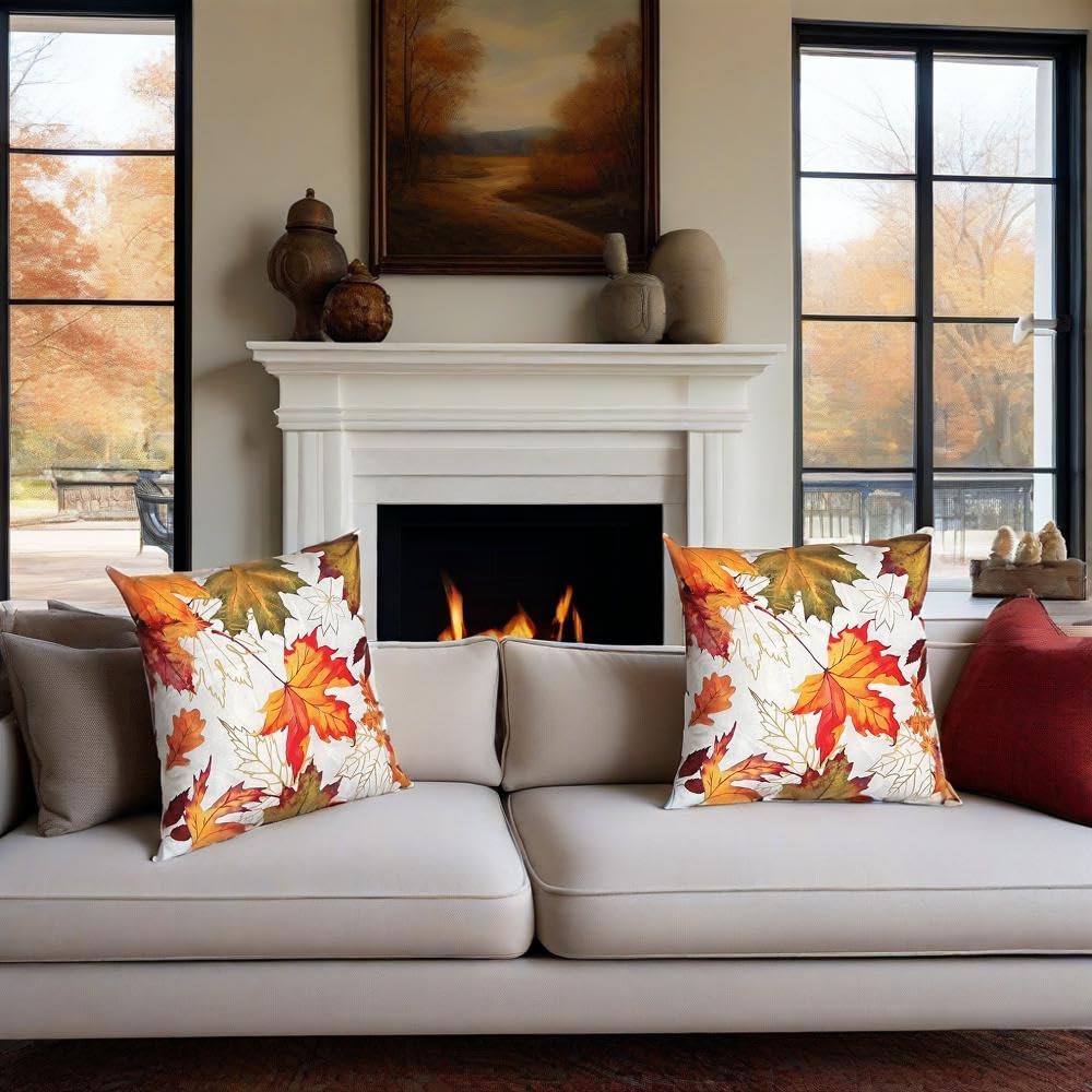 Treasborn Fall Pillow Covers 18x18 Set of 2 Maple Leaf Pillow Case Autumn Decoration for Home Outdoor Square Soft Throw Pillow Cover