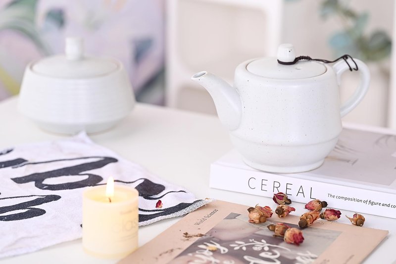 NCQIXIAO Rural Style Ceramic Teapot with Stainless Steel Infuser 16 Ounces Porcelain Blooming & Loose Leaf Teapot (White)