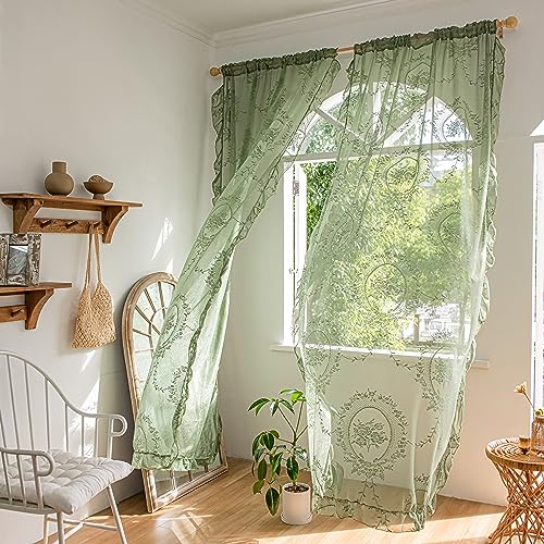 Olive Green Lace Curtains 57W x 72L two panels, farmhouse embroidery, 3