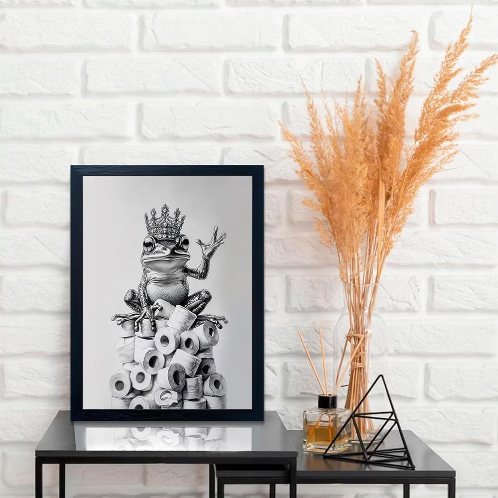 Orvannaatr Bathroom Wall Art - Framed Black and White Frog Decor | Playful Toilet Paper Design