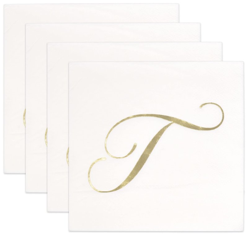 Gift Boutique 100 Gold Monogram Cocktail Napkins Letter T Disposable Paper Pack Elegant Metallic Golden Foil Hand Napkin for Powder Room Wedding Holiday Birthday Party Baby Shower Decorative Towels