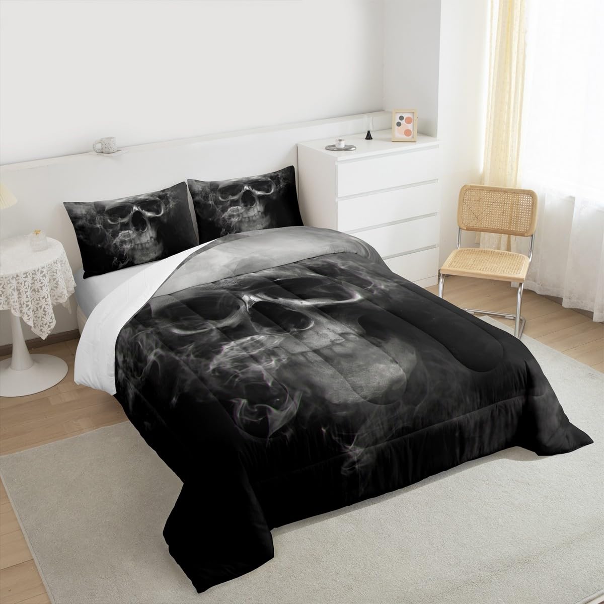 Erosebridal Skull Comforter Set Queen, Halloween Down Comforter, Gothic Fog Smoke Skull Skeleton Quilted Duvet, Grey Bedding Comforters for Young Man Boy Teens, Room Decorative, Soft Duvet Insert
