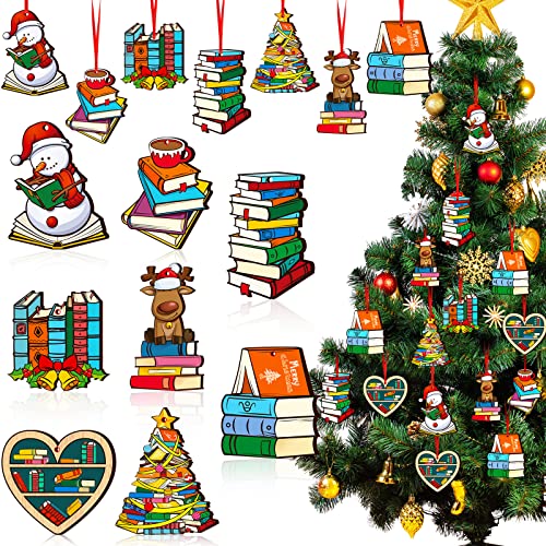 Christmas Wooden Book Ornaments - 24 Pack Holiday Hanging Decorations for Tree & Home