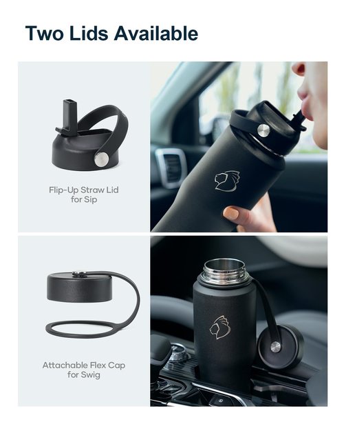 BUZIO Insulated Water Bottle Fits in Cupholder, Stainless Steel Tumbler with Straw Lid 32oz, Leak-proof BPA-Free Insulated Water Flask for Travel, Keeps Cold for 48H, Hot for 24H, Black