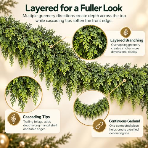 EMPJJLZ 9FT Artificial Cedar Garland Green Faux Holiday Decor for Indoor Outdoor Fireplace Mantel