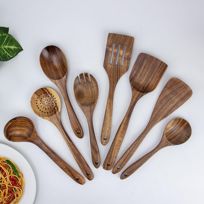 8 Pieces Wooden Spoons for Cooking, 100% Natural Teak Wooden Kitchen Utensils Set, Wooden Utensils Set for Cooking, Non-Stick, Comfort Grip, Easy to Clean