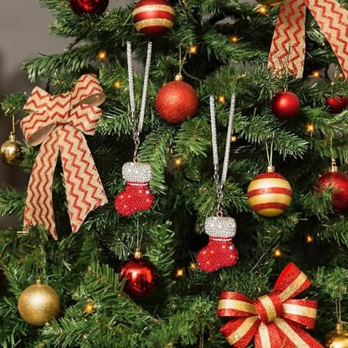 Christmas Sock Car Pendant with Crystal Rhinestones – Violetfox Xmas Tree Decor for Rear View Mirror