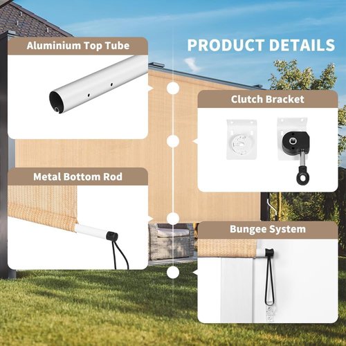 HIDODO Outdoor Roller Shade 8' W x 6' L Cordless Patio Shades Roll Up Outdoors Blinds with UV Protection, Exterior Roller Shades Cloth for Porch Pergola, Beige
