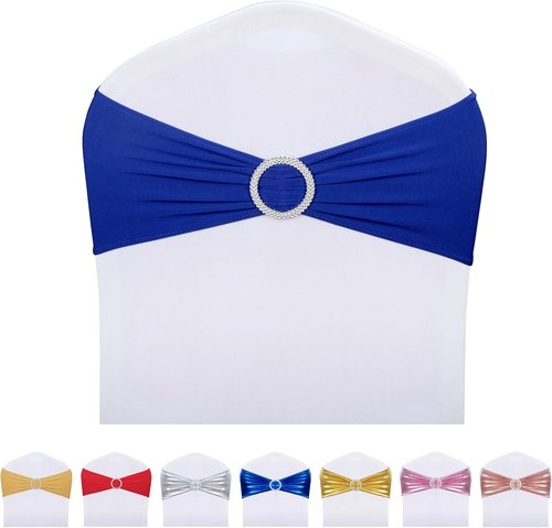 LEBENGURU Royal Blue Chair Sashes - 30pcs Premium Stretch Bows with Buckle Slider for Weddings & Events