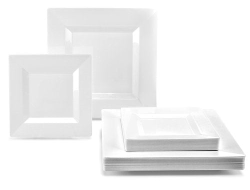 " OCCASIONS " 120 Plates Pack,(60 Guests) Wedding Party Square Disposable Plastic Plates Set -60 x 9.5'' Dinner + 60 x 6.5'' Dessert (Square White)