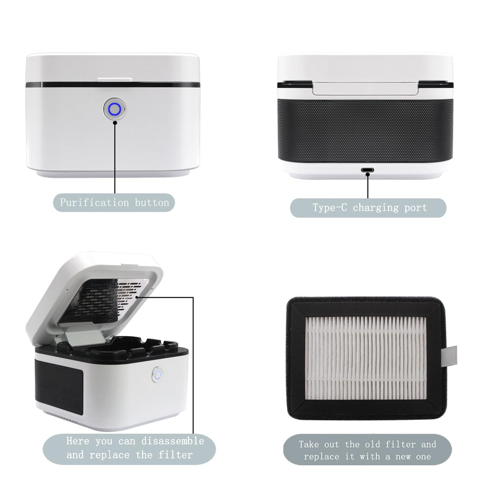 Smokeless Ashtray, Multifunctional Ashtray, Ash Purifier,with 4 HEPA Filter,Reduce Smoke, USB Charging for Home, Car or Office (White)