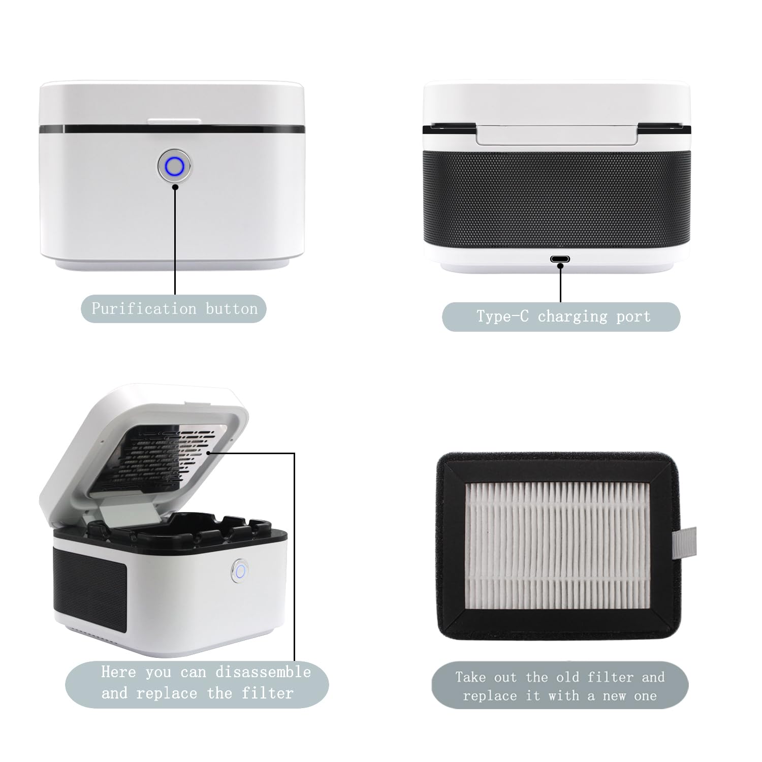 Smokeless Ashtray, Multifunctional Ashtray, Ash Purifier,with 4 HEPA Filter,Reduce Smoke, USB Charging for Home, Car or Office (White)