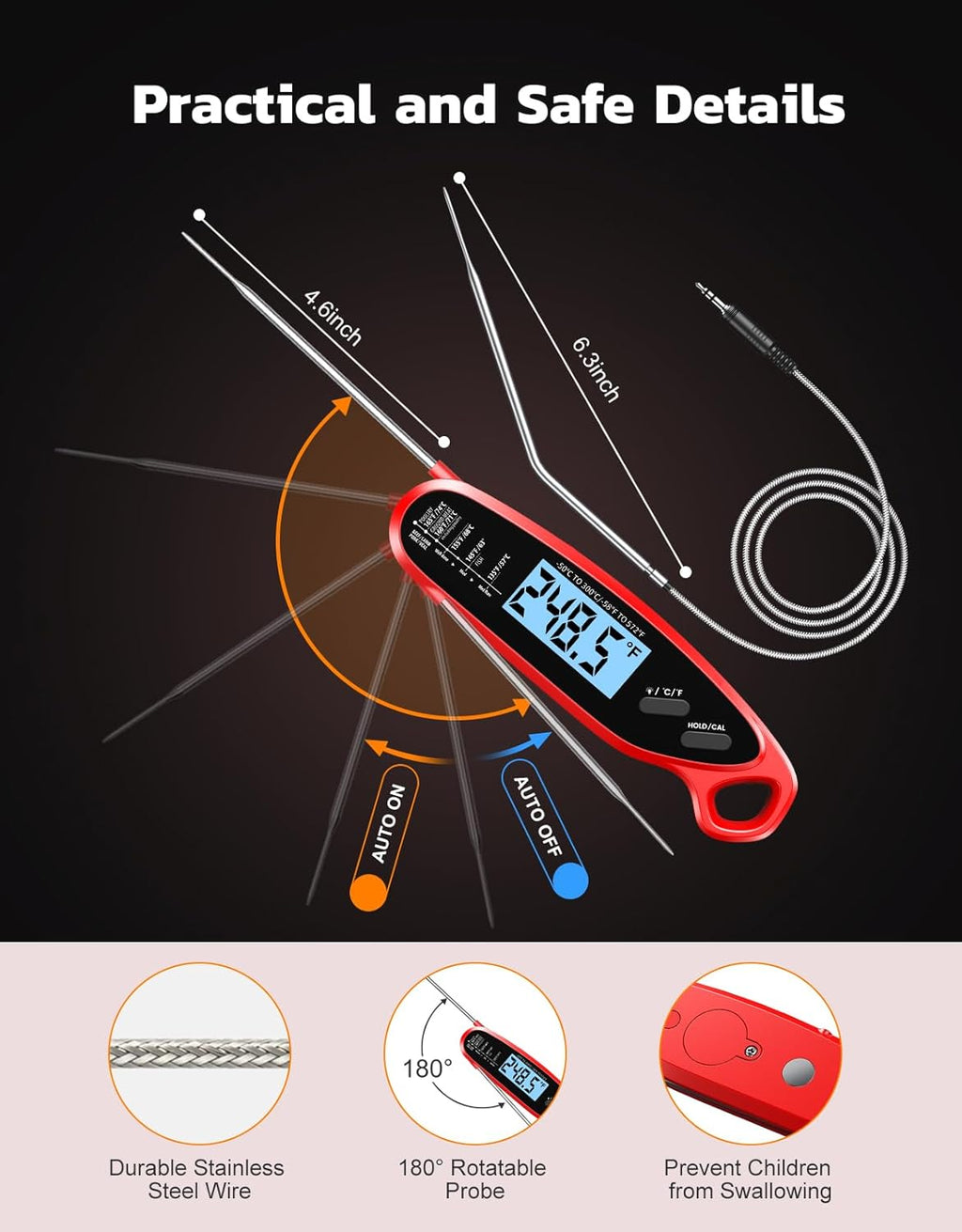 Skiennix Instant Read Meat Thermometer - Dual Probe Digital Cooking Thermometer with Large Backlit Display | Perfect for BBQ, Grill, Oven, and Frying