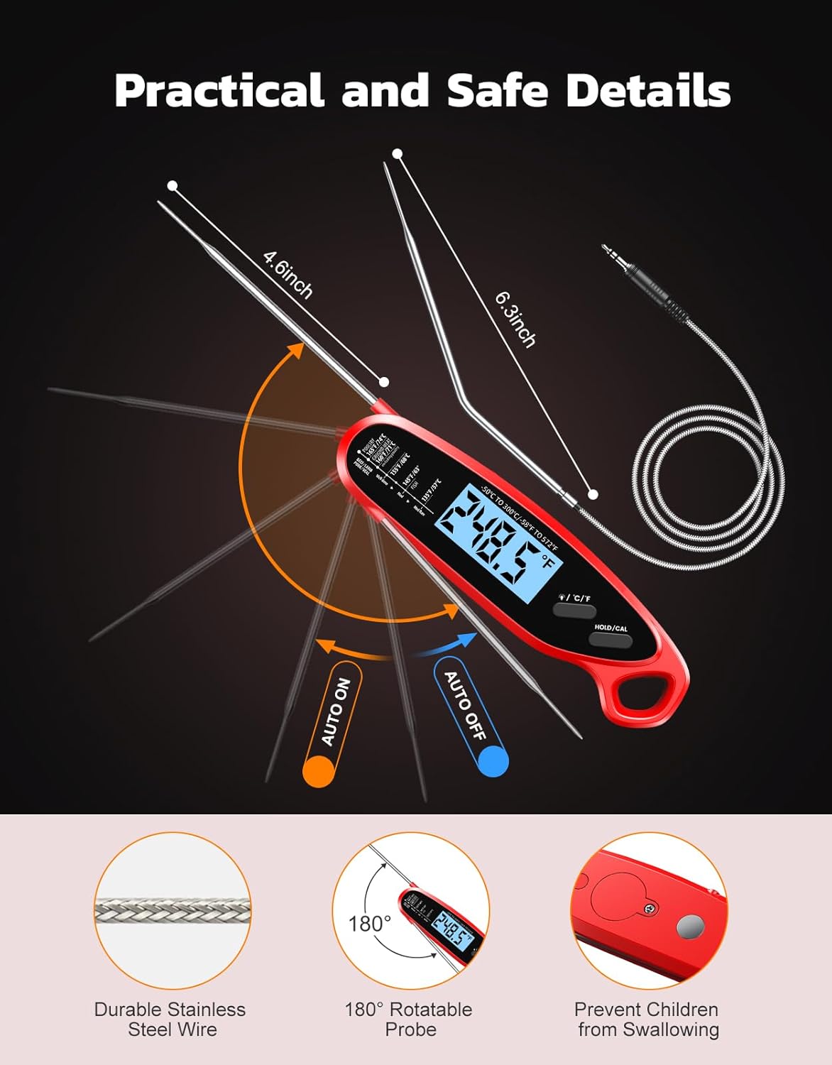 Skiennix Instant Read Meat Thermometer - Dual Probe Digital Cooking Thermometer with Large Backlit Display | Perfect for BBQ, Grill, Oven, and Frying