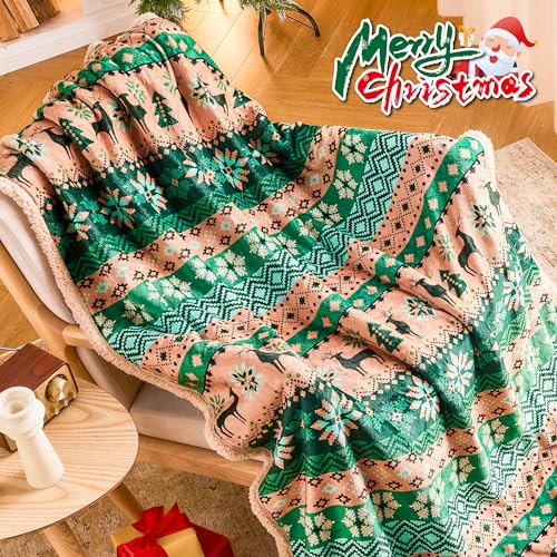 Ramees Christmas Throw Blanket 50x60in Fleece Sherpa Reindeer Snowflakes