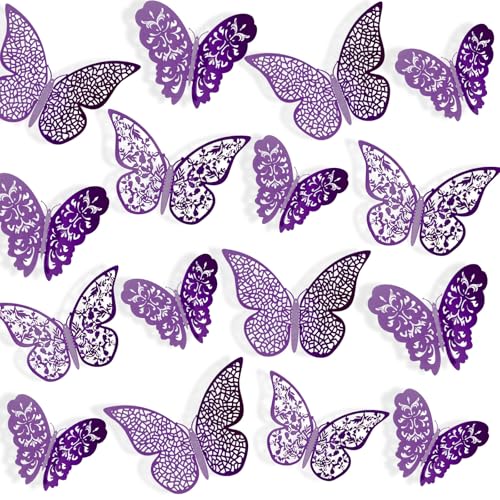 72 Pcs 3D Metallic Butterfly Wall Decals - Purple Hollow Wall Stickers