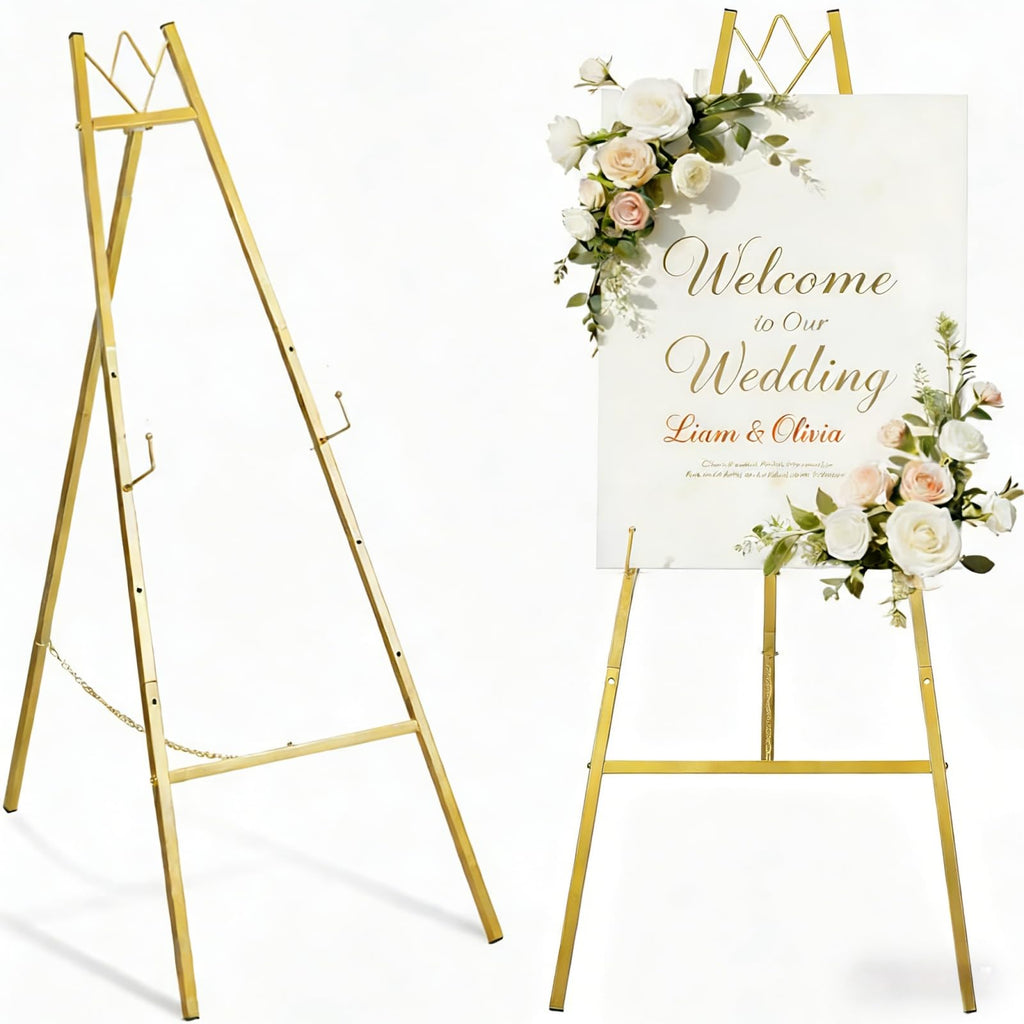 GRENTY 57.5" Gold Easel Stand for Wedding Sign, Heavy Duty Metal Display Stand, 4-Tier Height Adjustable Easel for Art, Paintings, Welcome Signs, Posters, and Décor, Simply Assembly Required