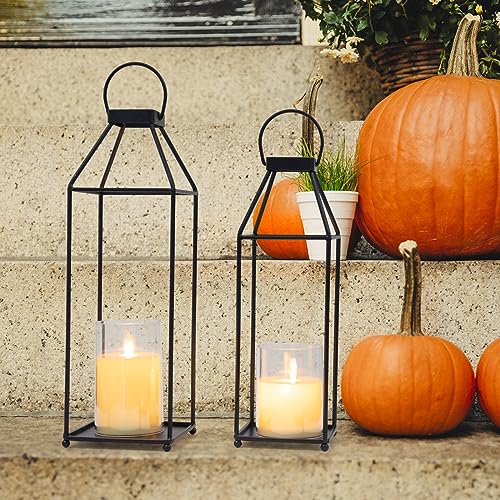 Decorative Outdoor Lanterns with LED Candles - 2PCS Black Metal