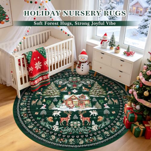 Geanlod 6' Round Christmas Rug - Green, Washable Non-Slip Reindeer & Santa