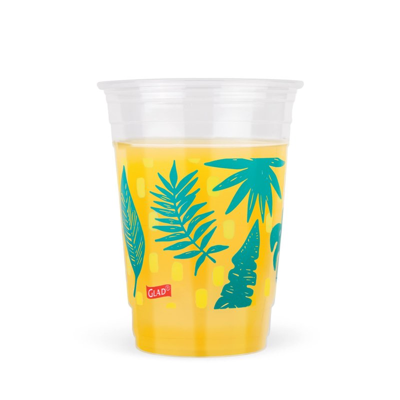 Glad Everyday Clear Plastic Cups with Palm Leaves Print - Sturdy Disposable Drinking Cups for Cold Beverages, Parties, Picnics, and Everyday Use, Recyclable #5 Plastic, 18 oz, 50 Count