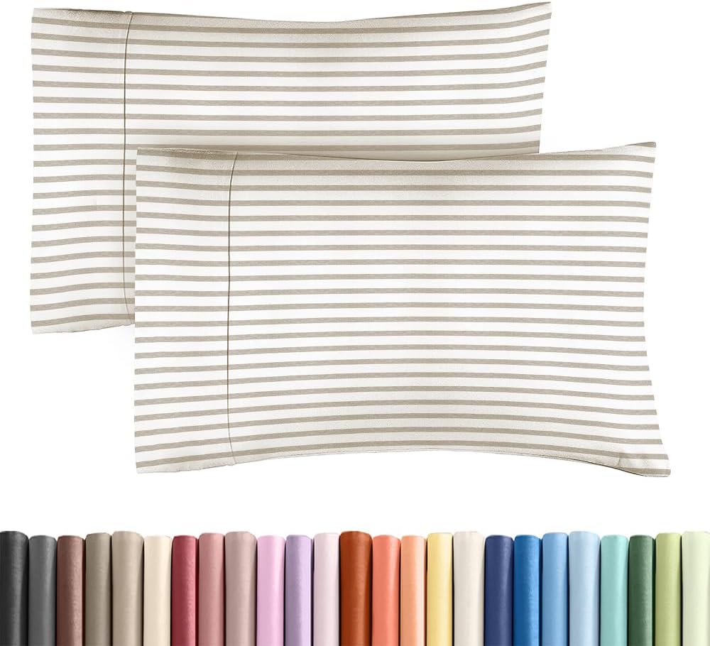 Skiennix Standard Pillow Cases - Ultra-Soft Hotel Quality Covers | Comfy, Wrinkle-Free & Stain Resistant - 2 Piece Set in Beige Stripes