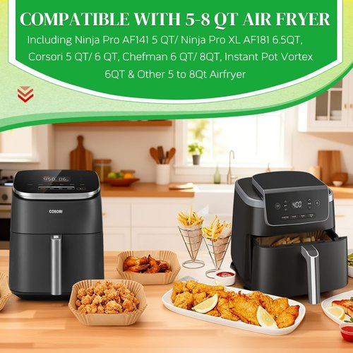 BYKITCHEN 300PCS Disposable Air Fryer Paper Liners - 8in Square Parchment for 5-8QT Air Fryers | Perfect for Ninja, Cosori, Chefman