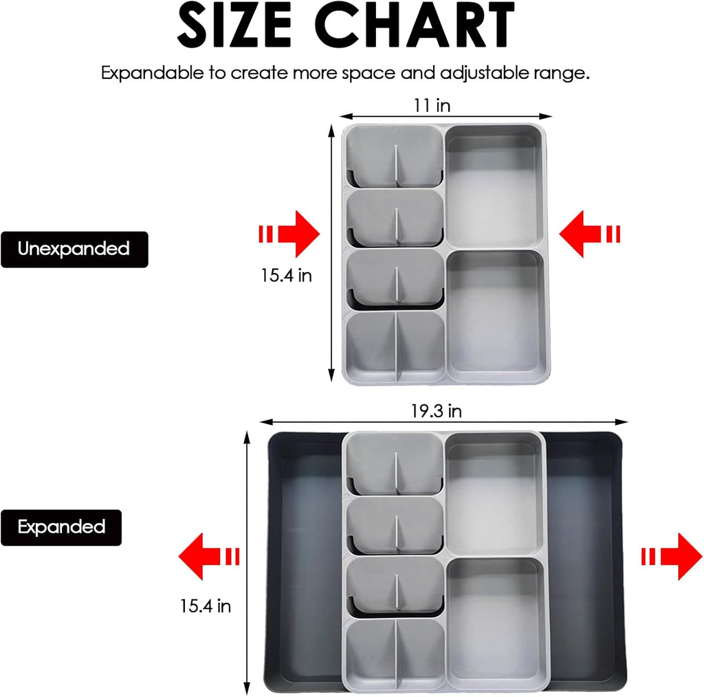 Silverware Organizer - Expandable Cutlery Drawer Tray | Adjustable Plastic Utensil Holder for Home & Kitchen - Large Grey