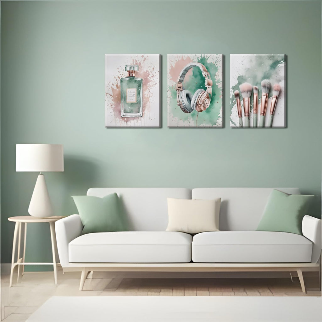 Skiennix Fashion Makeup Canvas Wall Art Set of 3 - Trendy Pink & Sage Green Decor for Teen Girls | 12x16 Inch Framed