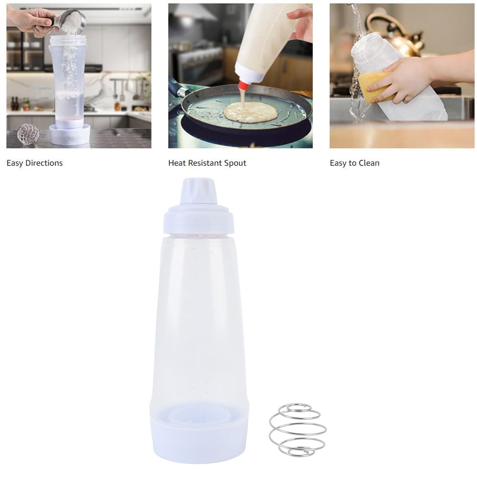 Effortless Pancake Batter Dispenser | 1000ML Squeeze Shaker with Mixing Ball & Wire Whisk | No Lump, Non Stick | Ideal for Crepes, Waffles & Baking