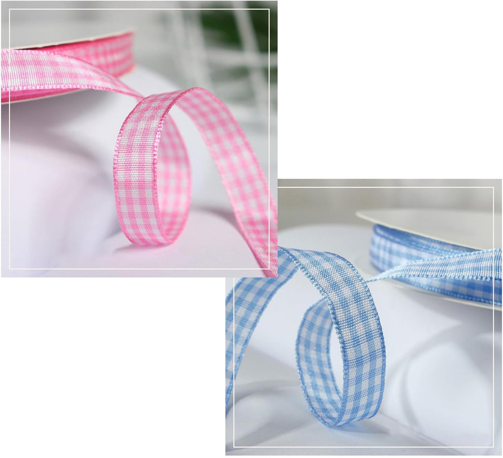 Skiennix Gingham Ribbon - Thin Checkered Polyester for Gift Wrapping & DIY Crafts | 10 Yds x 3/8 In, 4 Rolls in Pink/Purple/Blue/Yellow