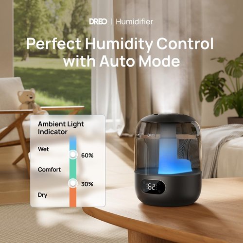 DREO Ultrasonic Humidifier - 3L Top Fill with 30H Quiet Runtime & Humidity Sensor | Black for Large Rooms