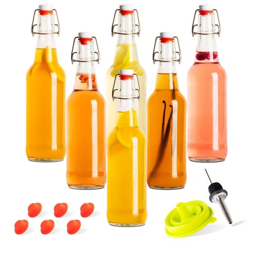 Kombucha Bottles, Swing Top Glass Brewing Bottles Bottles for Kombucha, Beer, Kiefer, Limoncillo, Vanilla - 16 oz. - Grolsch Style Bottle (6 Set) with Funnel
