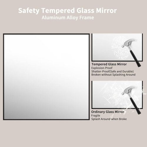 LOAAO Black Rectangle Bathroom Mirror - 36" x 36" Matte Aluminum Frame, Tempered Glass, Versatile Hanging Options