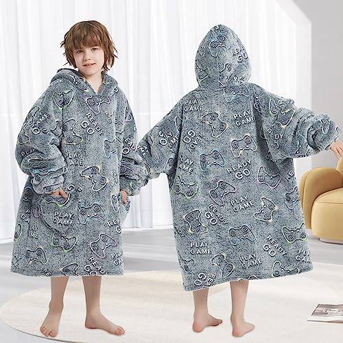 Kids Wearable Blanket Hoodie Oversized Sherpa Sleepwear for Boys Girls Teens 6-13YR, Glow in The Dark Game Controller Design - Mewkou