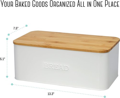 OUTSHINE White Bread Box for Kitchen Countertop, Small Storage Container with Bamboo Lid, Modern Kitchen Organizer for Sourdough, Buns, and Loaves, Bread Storage with Cutting Board Lid
