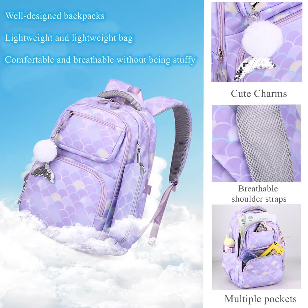 EKUIZAI 3PCS Mermaid Backpack for Girls Fish Scale Print Primary Bookbags set Girls Backpack with Lunch Box