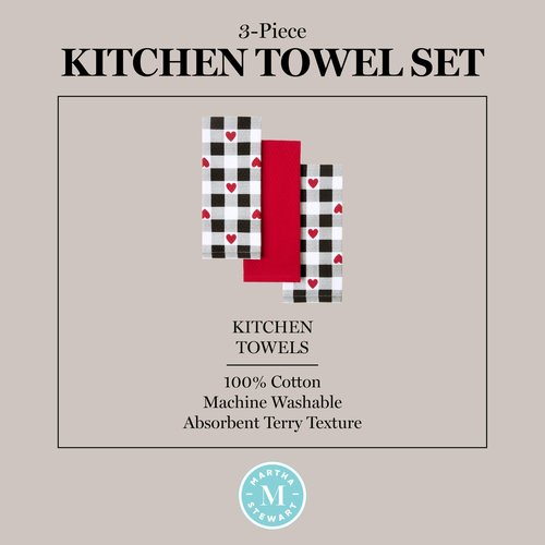 Martha Stewart Love Check Gingham Hearts Decorative Kitchen Towels 3-Pack Set, 100% Cotton, Absorbent, Valentine’s Day Décor, Black/White/Red, 16”x28”