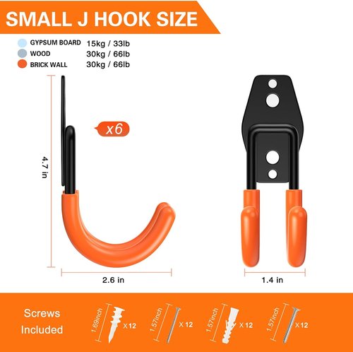 HUPBIPY Heavy Duty Garage Hooks - 6 Pack J Shaped Wall Mounted Tool Organizer for Ladders, Bikes & More