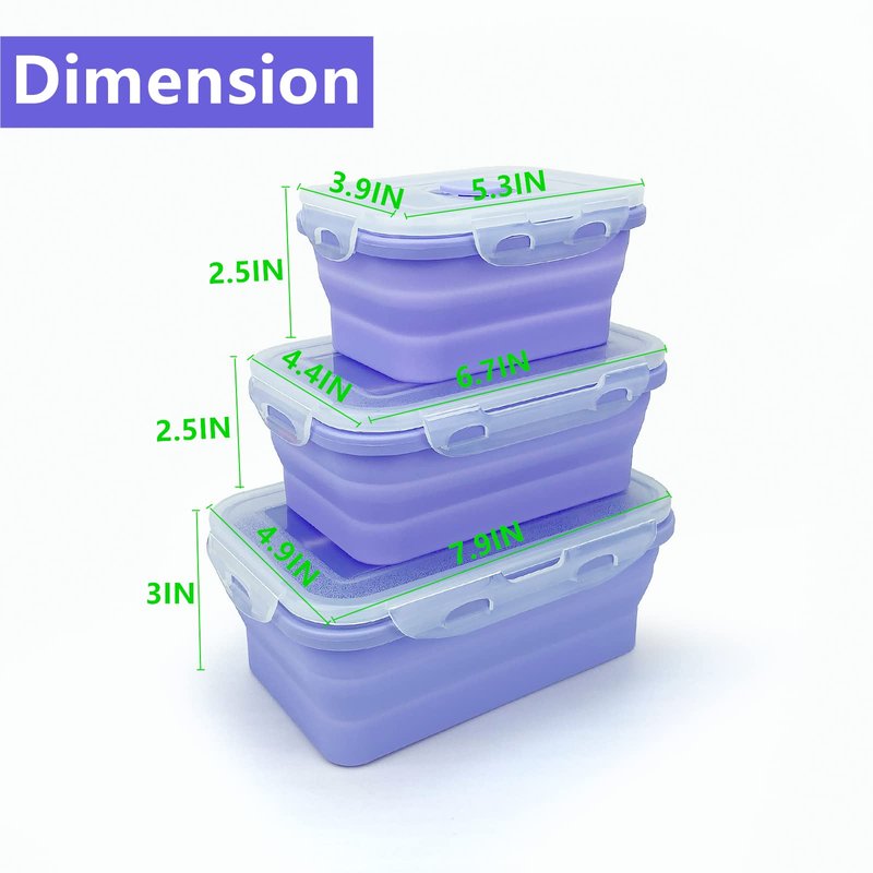 Lunbengo Purple Collapsible Meal Prep Containers Camping Bowls Silicone Bento Box with Airtight Plastic Lid, Microwave Safe, Portable Lunch Container, For Food Storage, Travel and Hiking, 3Pack
