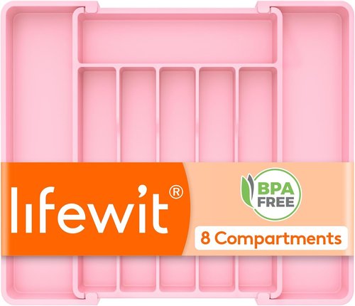 Lifewit Expandable Silverware Drawer Organizer - BPA Free Utensil Tray for Kitchen | Adjustable Pink Storage (10.9"-17.5" x 13.7")