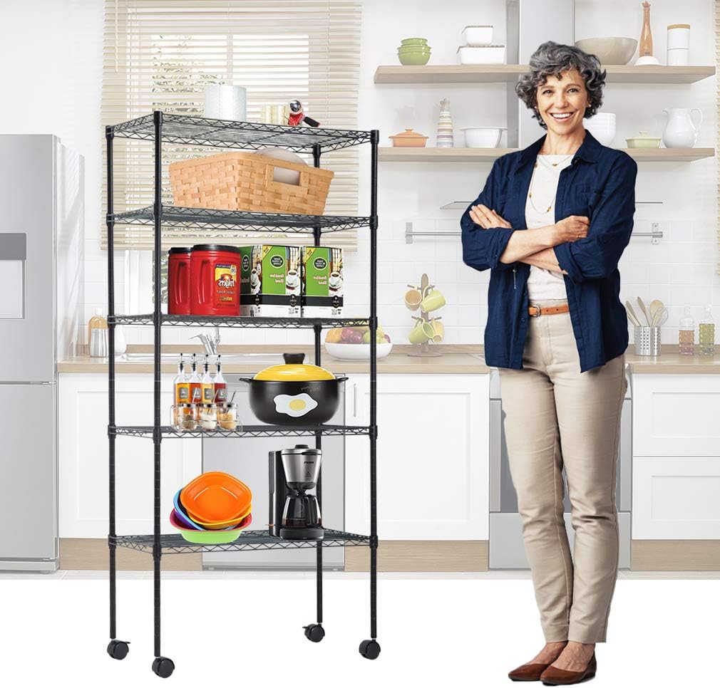 BestOffice 5-Tier Wire Storage Shelves - Adjustable Heavy-Duty Metal Racks with Wheels | 14x30x60 | Black | Holds Up to 220 lbs | Easy No-Tool Assembly for Home & Garage