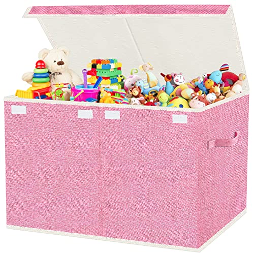 82L Collapsible Toy Storage Box with Lid, Pink Fabric Organizer Bin